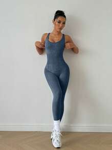 SHEIN Sport Studio Women's Solid Color Criss Cross Open Back Yoga Jumpsuit