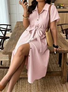 Đầm sơ mi tay ngắn màu trơn phong cách nghỉ dưỡng thường ngày cho nữ cỡ lớn - Hồng - Xem 3