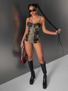 SHEIN ICON 女士豹纹撞色蕾丝性感吊带牛仔连体裤 - 黑色 - 查看 3