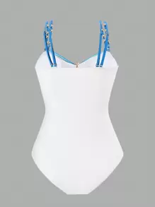 SHEIN Swim Curve Jednoczęściowy kostium kąpielowy w dużym rozmiarze, metaliczny akcent, prosty strój plażowy dla kobiet w stylu kurortu na lato