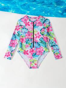 Tween Girl Tropical Plants Print Zipper Front One-Piece Swimsuit - Multicolor - View 3