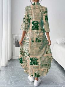 Chiquease 女式夏季标语印花 3/4 袖休闲连衣裙长款女装 - 綠色 - 查看 2