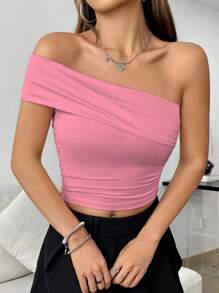 SHEIN Unity Blusa de moda para mujer de color liso con pliegues y corte asimétrico ajustado - Rosa - Ver 4