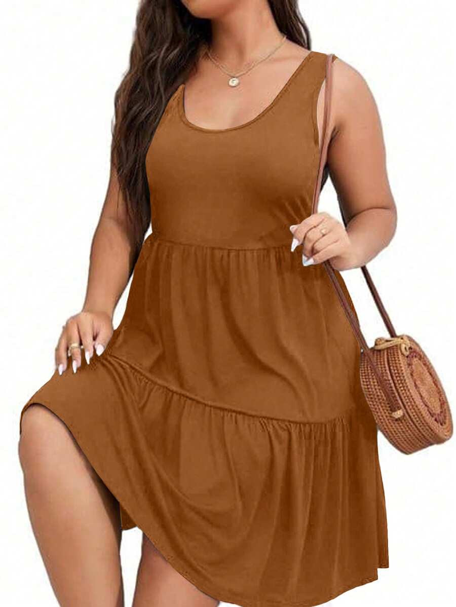 SHEIN LUNE Vestito casual da donna taglia curvy, tinta unita, con balze sul fondo, senza maniche - Caffè Marrone - Visualizzare 1