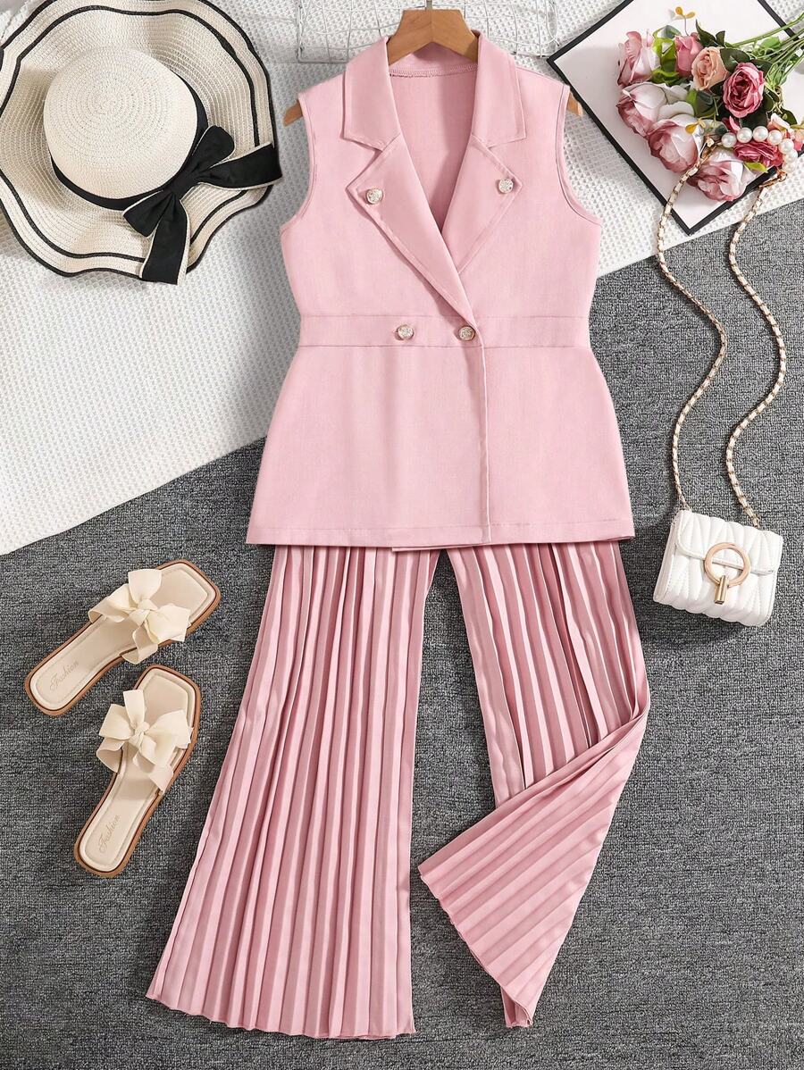 Tween Girls 2pcs Set: Double Breasted Vest Top & Pleated Pants - Pink - View 1