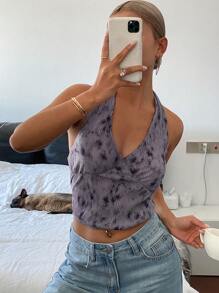 DAZY Top corto casual de verano de mujer con estampado tie-dye, cuello halter y cordón