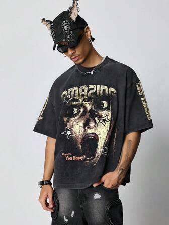 Goth Men's Gothic Vintage Wash Print Loose Short Style Short Sleeve T-Shirt