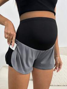 SHEIN Maternity Casual Adjustable Waist Color Block Shorts, Summer - Black - View 7