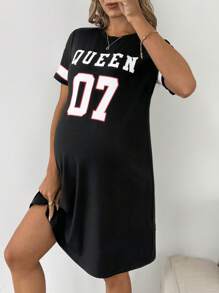 SHEIN Pregnant Women Summer Casual Sports Letter & Number Print Dress