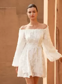 GENKIRA Off-Shoulder Kurzkleid mit Langarm und strukturierten Cut-Out Details, Damen - Weiss - Übersicht 1
