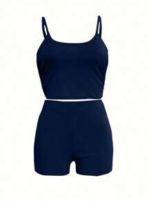 INAWLY 2pcs Plus Size Women Solid Color Slim Fit Cami Top And Shorts Set - Navy Blue - View 5