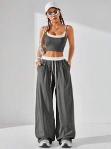 Coolane Conjunto de 2 piezas de moda para mujer, top y pantalones de 2 en 1 con empalmes de color contrastante, apropiado para usar de manera informal en primavera y verano