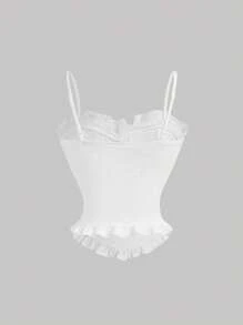 SHEIN MOD Débardeur blanc rêveur, romantique et élégant, buste ajusté décoré de volants superposés et d'un nœud. Convient pour les rendez-vous, les fêtes, les vacances, le thé, les anniversaires, l'été pour les femmes, Pâques, les festivals rave, les concerts, le brunch, les femmes en corset, décontracté chic, Y2K