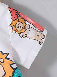 SHEIN Conjunto de 2 peças/camisa polo gráfica com estampa animal para meninos e shorts casuais com punho, padrão de rabiscos engraçados, casual/fofo, adequado para uso diário, escola, atividades ao ar livre no verão - Multicolorido - Ver 3
