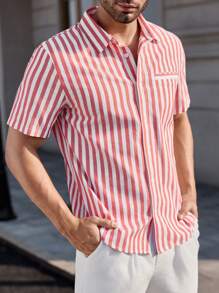 Manfinity RelaxMax Men's Short Sleeve Striped Casual Shirt, Suitable For Summer Men Summer Shirts