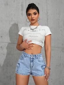 SHEIN PETITE 女士宽松休闲牛仔工装短裤 - 淺色水洗藍 - 查看 5