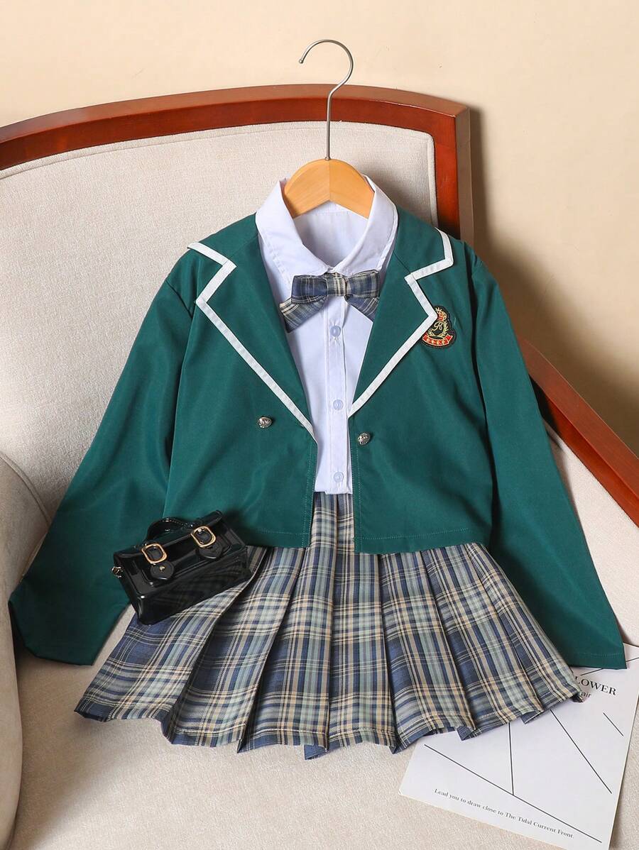 2pcs/Set Girls School Style Blazer Jacket And Pleated Plaid Mini Skirt Suit, Suitable For Spring And Autumn - Dark Green - View 1