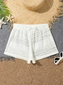 SHEIN Teen Girls' Solid Color Waist Tie Hollow Out Swimsuit Cover Up Shorts Set - White - View 5