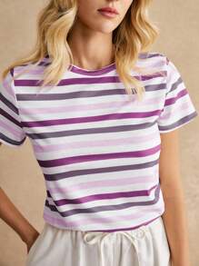 Poéselle Knitted Colorblock Striped Print Round Neck Short Sleeve T-Shirt, Summer - Purple - View 2