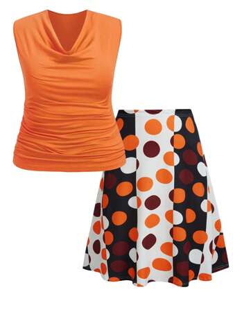 SHEIN CURVE+ 大码女式纯色褶饰吊带背心和波尔卡圆点印花拼色迷你裙 2 件套