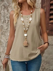EMERY ROSE Women Casual Simple Solid Color Tank Top Cotton - Khaki - View 6