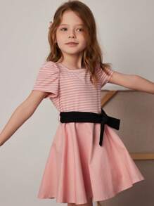 PrepCrw Young Girl Pink Striped Crew Neck Short Puff Sleeve A-Line Dress, Spring/Summer - Pink - View 2
