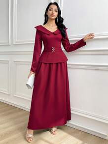 Modelyn Women's 2 Pieces Set: Solid Long Sleeve Top And Skirt - Burgundy - View 5