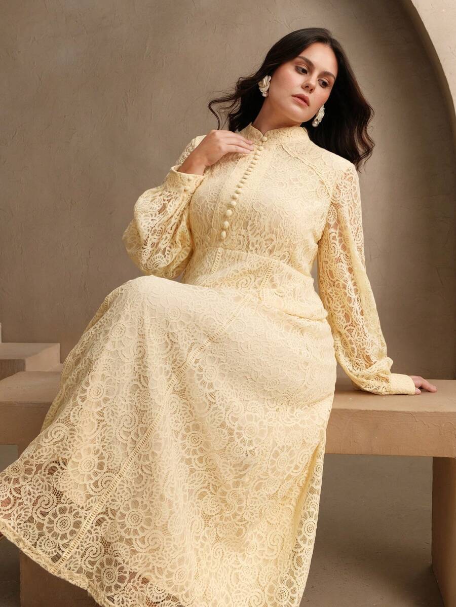 Anewsta Elegant Women's Lace Maxi Long Dress, Spring Outfits - Apricot - View 1