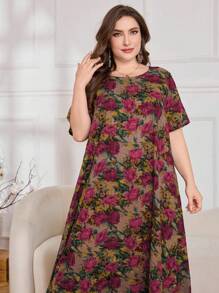Lacomfia Floral Print Casual Loose Fit Mid-Length Dress, Suitable For Spring/Summer, Plus Size - Multicolor - View 6