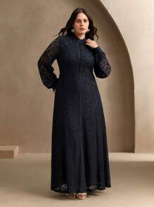 Anewsta Elegant Women's Lace Maxi Flared Dress, Spring Outfits - Navy Blue - View 7