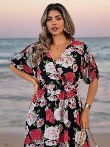 SHEIN Clasi Vestido estampado con rosas francesas para mujer, diseño evasé, ajuste ceñido, vestido largo elegante para primavera y verano - Negro - Ver 1