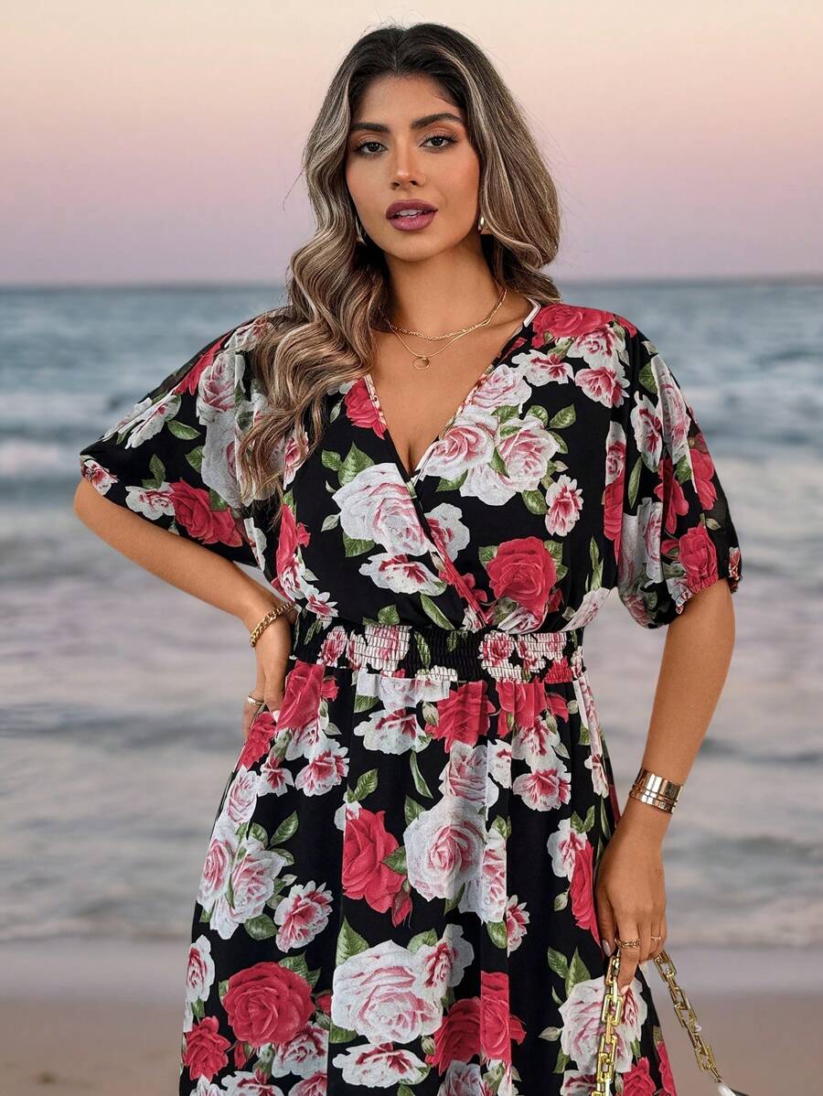 SHEIN Clasi Vestido estampado con rosas francesas para mujer, diseño evasé, ajuste ceñido, vestido largo elegante para primavera y verano - Negro - Ver 1