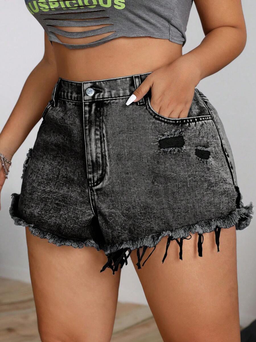 SHEIN ICON Plus Size Women's Casual Distressed Pockets Washed Denim Shorts - Grey - View 1