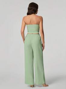 SHEIN Tall Ladies" Solid Color Textured Fabric Strapless Top And Pants Set For Summer
