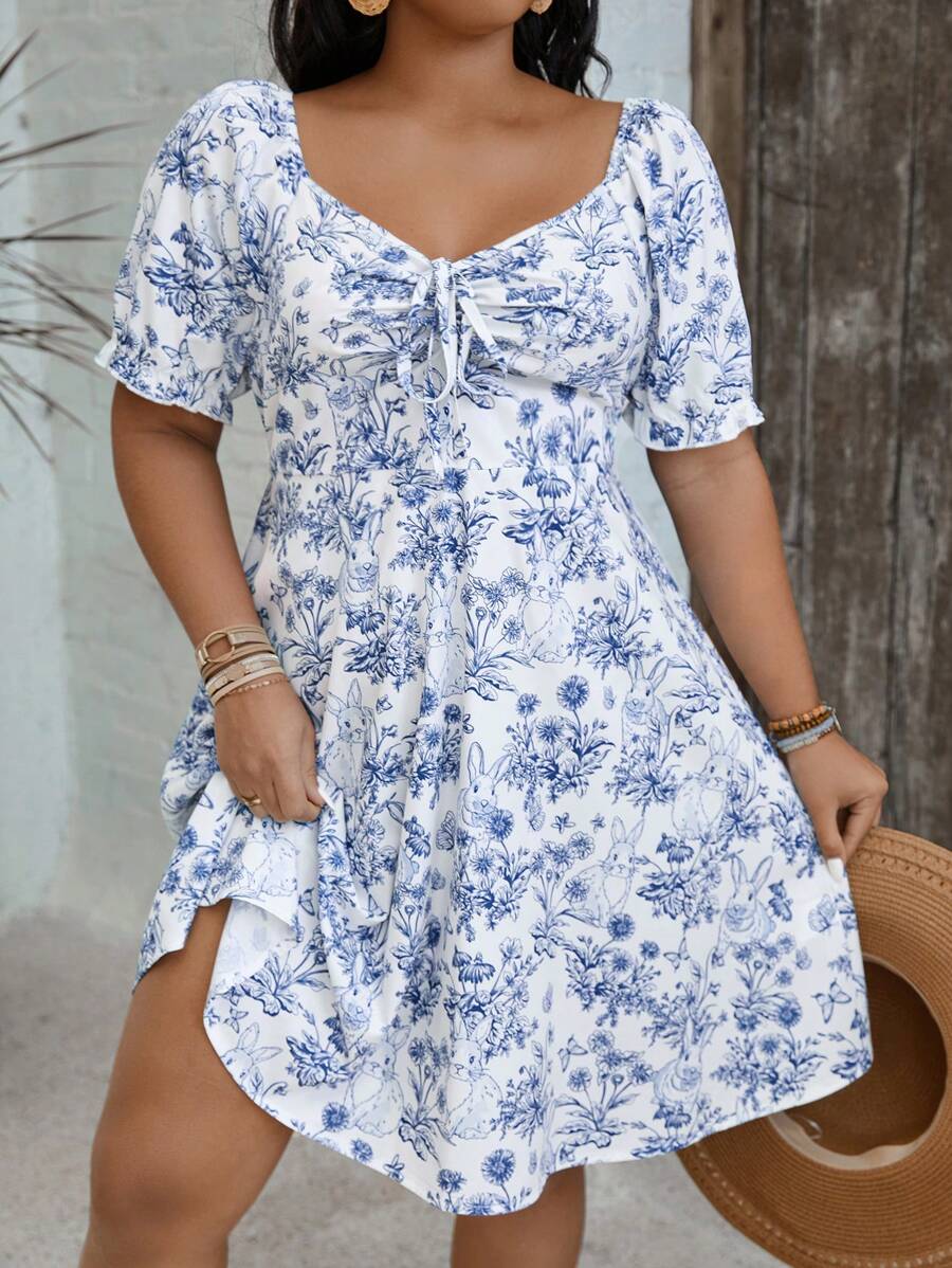 SHEIN VCAY Plus Size Vacation Romantic Country Style Blue & White Rabbit & Plant Print Sweetheart Neck Short Sleeve Mini Dress, Easter Dress Spring Outfits For Women,Summer Outfits For Women,Beach Outfits For Woman,Brunch Outfits For Women, Airport Outfit For Women  Easter Outfit Women Easter Dress Women Easter Easter Dress,Beach Dress Sundress,Holiday Outfits Boho