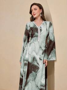 Al Najma Vestido de manga larga con cuello en V, cintura ceñida y estampado retro tie-dye, modesto