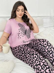 Plus Size Butterfly Print Short Sleeve Top And Leopard Pattern Pants Sleepwear Pajama Set, Outfits - Pink - View 3