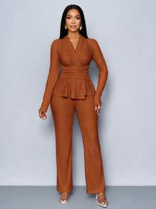 SOLERSUN Women's Apricot Color Elegant V Neck Long Sleeve T-Shirt And Wide Leg Pants Two Pieces Set, Asymmetrical Hem Two Pieces Outfits, Casual Daily Wear, Winter Clothes For Women Fall Cloth For Women - Brown - View 3