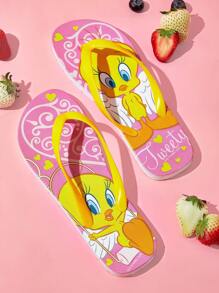 LOONEY TUNES X SHEIN Dép xỏ ngón PVC in họa tiết màu hồng dành cho nữ, thiết kế hình chú chim Tweety, thích hợp cho hoạt động ngoài trời, mặc hàng ngày, đi biển và đi nghỉ - Nhiều màu - Xem 2
