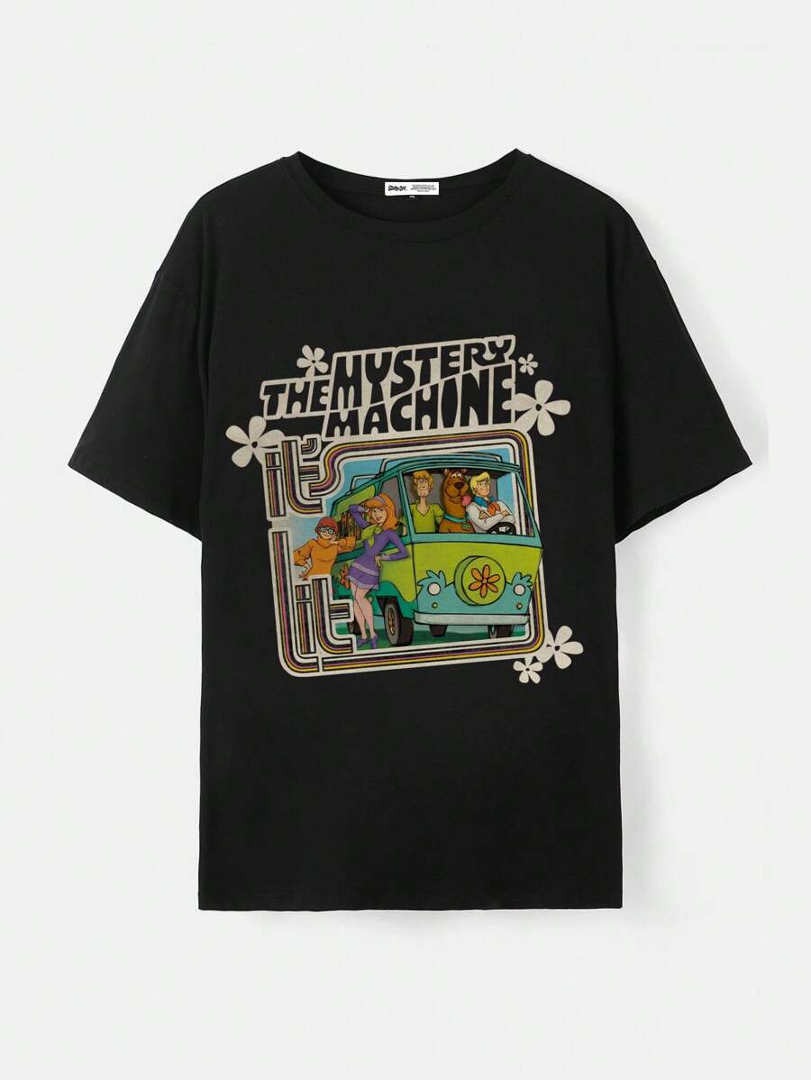 SCOOBY-DOO X SHEIN 女士字母与卡通人物印花圆领短袖 T 恤 - 黑色 - 查看 1