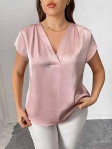 Elenzga Blusa suelta de satén de manga corta y hombros recogidos con cuello en V para mujer talla grande, estilo francés elegante y casual para vacaciones o trabajo, de unicolor para primavera/verano - Rosa - Ver 4