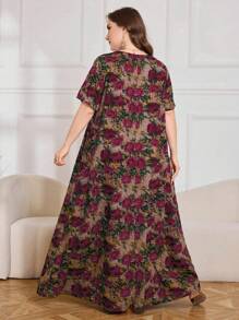 Lacomfia Floral Print Casual Loose Fit Mid-Length Dress, Suitable For Spring/Summer, Plus Size - Multicolor - View 2