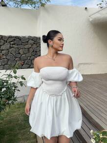 Flirla Women's Casual Vacation Street Tube Puff Sleeve Fitted Peplum Hem Floral Dress - White - View 5