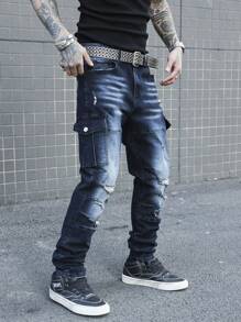 Manfinity LEGND Pantalones vaqueros casuales de talla grande para hombres, simples y de moda, aptos para el uso diario
