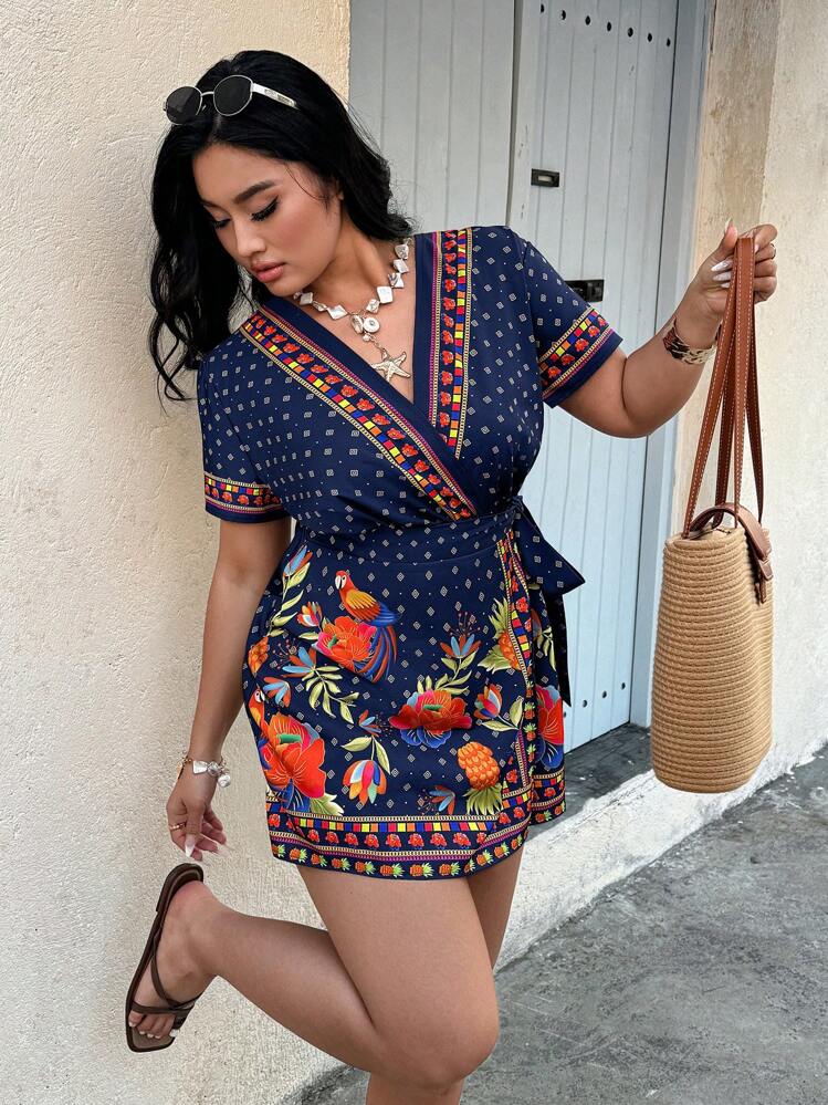 SHEIN Clasi Plus Size V-Neck Short Sleeve Simple Fashionable Jumpsuit, Suitable For Summer - Multicolor - View 4