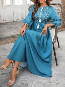 EMERY ROSE Women's Solid Color Lace-Up Front Long Sleeve Casual Long Dress