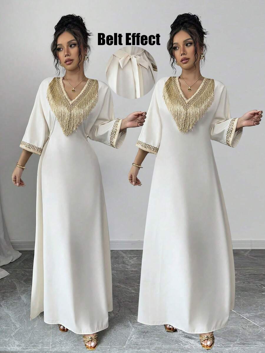 Rafferiza 女士优雅花卉刺绣流苏 V 领束腰长裙,适合斋月 - 杏色 - 查看 1