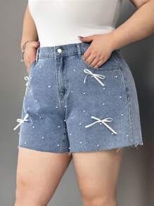 SHEIN EZwear Shorts de mezclilla lavada de talla grande con lazo y decoración de perlas