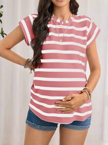 SHEIN Áo thun sọc tay ngắn cho bà bầu, tối giản và thời trang, phù hợp cho mùa hè - Bụi hồng - Xem 4