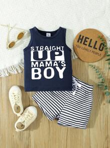 男婴街头字母图案背心和条纹短裤两件套春夏季服装 - 藍色 - 查看 1